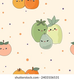 Funny Cute Fruit Character Seamless Pattern Background. Fruit Kawaii Cartoon Character Fabric Textile Swatch Template. Kawaii Funny Cute Seamless Fruit Doodle Symbol Vegetarian Theme Seamless Print.