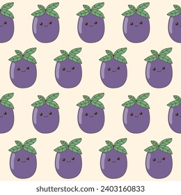 Funny Cute Fruit Character Seamless Pattern Background. Fruit Kawaii Cartoon Character Fabric Textile Swatch Template. Kawaii Funny Cute Seamless Fruit Doodle Symbol Vegetarian Theme Seamless Print.