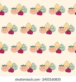 Funny Cute Fruit Character Seamless Pattern Background. Fruit Kawaii Cartoon Character Fabric Textile Swatch Template. Kawaii Funny Cute Seamless Fruit Doodle Symbol Vegetarian Theme Seamless Print.
