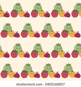Gracioso Carácter De Fruta Cuta Fondo De Patrón Sin Perjuicio. Plantilla de reloj de tela textil de tela de caricatura de Fruit Kawaii. Kawaii Graciosa Cute Seamless Fruit Doodle Símbolo Vegetario Impresión sin inconvenientes.