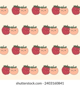 Funny Cute Fruit Character Seamless Muster Hintergrund. Fruit Kawaii Cartoon Character Fabric Textile Swatch Template. Kawaii Funny Cute Nahtlose Fruchtdoodle Symbol Vegetarian Theme Nahtlose Print.