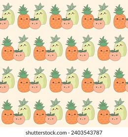 Gracioso Carácter De Fruta Cuta Fondo De Patrón Sin Perjuicio. Plantilla de reloj de tela textil de tela de caricatura de Fruit Kawaii. Kawaii Graciosa Cute Seamless Fruit Doodle Símbolo Vegetario Impresión sin inconvenientes.