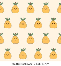 Funny Cute Fruit Character Seamless Pattern Background. Fruit Kawaii Cartoon Character Fabric Textile Swatch Template. Kawaii Funny Cute Seamless Fruit Doodle Symbol Vegetarian Theme Seamless Print.