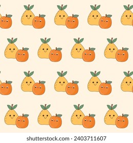 Funny Cute Fruit Character Seamless Pattern Background. Fruit Kawaii Cartoon Character Fabric Textile Swatch Template. Kawaii Funny Cute Seamless Fruit Doodle Symbol Vegetarian Theme Seamless Print.