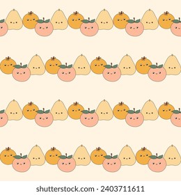 Funny Cute Fruit Character Seamless Pattern Background. Fruit Kawaii Cartoon Character Fabric Textile Swatch Template. Kawaii Funny Cute Seamless Fruit Doodle Symbol Vegetarian Theme Seamless Print.