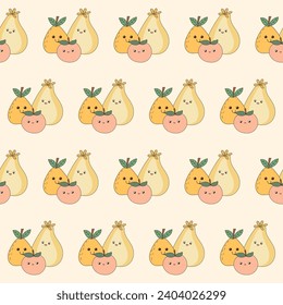 Funny Cute Fruit Character Seamless Pattern Background. Fruit Kawaii Cartoon Character Fabric Textile Swatch Template. Kawaii Funny Cute Seamless Fruit Doodle Symbol Vegetarian Theme Seamless Print.
