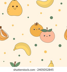 Funny Cute Fruit Character Seamless Pattern Background. Fruit Kawaii Cartoon Character Fabric Textile Swatch Template. Kawaii Funny Cute Seamless Fruit Doodle Symbol Vegetarian Theme Seamless Print.