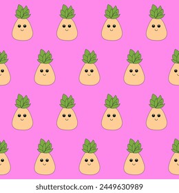 Funny Cute Fruit  Seamless Pattern Background. Kawaii Bright Cartoon Character Happy Birthday Wallpaper, Wrapping, Digital Paper Print. Kid Textile fabric Fashion Style. Bold Vivid Color Swatch