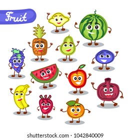 Funny, cute fruit with smiling human face isolated on white background. Vector illustration for kids restaurant menu.
