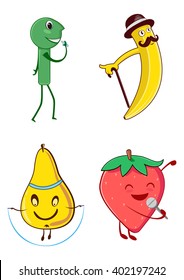 Funny cute fruit vector set white background