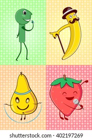 Funny cute fruit vector set color background