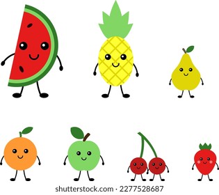 Funny cute fruits and berries, vector. Watermelon and pineapple, pear and apple, orange, strawberry, cherry. Fruits and berries with cute smiling faces.