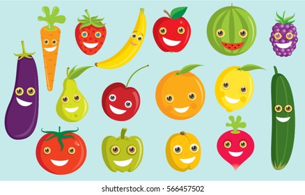 Lustiges und süßes Obst und Gemüse, Vektorgrafik-Set