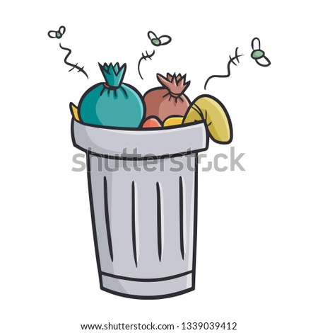Funny and cute garbage can filled with a lot of trash