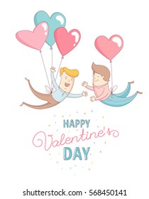 Funny cute gay men characters flying by heart balloons to congratulate each other with Happy Valentine's Day. Flat line design style. Vector illustration.