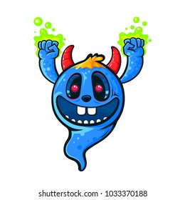 Funny and cute ghost character with horns and lighting hands, vector cartoon illustration isolated on white background, line art graffiti hand drawn illustration, print or poster  