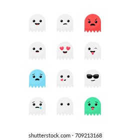 Funny cute ghost emoticons emoji faces vector icon set. Flat design Halloween ghost character collection.