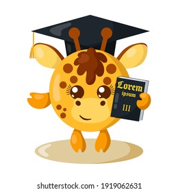 Funny cute giraffe justice with book (copy space) and hat in flat design. Isolated animal vector illustration