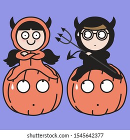 Funny Cute Girl And Boy In Halloween Costumes Sitting On The Giant Pumpkins Concept Card Character illustration