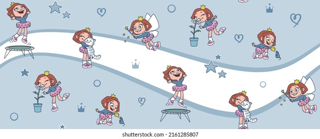 Funny and cute girl vector seamless pattern. Cartoon princess characters design with flat color in different poses and with different emotions