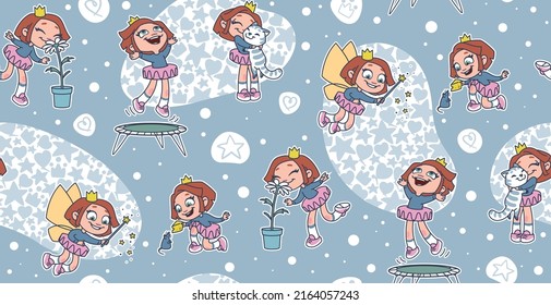 Funny und süßes Mädchen, Vektorgrafik nahtlos Muster. Cartoon Princess-Figuren mit flacher Farbe in unterschiedlichen Posen und unterschiedlichen Emotionen