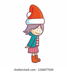 Funny and cute girl with winter wardrobe and wearing Santa's hat for christmas - vector.