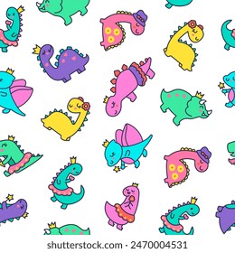 Funny cute girls dinosaurs. Seamless pattern. Kawaii baby dino princess character. Hand drawn style. Vector drawing. Design ornaments.