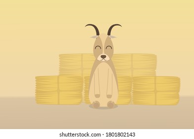 funny Cute goat on a haystack background