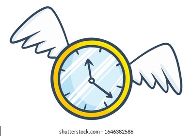 Funny and cute golden clock flying with wing