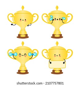 Funny cute golden trophy cup characters bundle set. Vector hand drawn doodle style cartoon character illustration icon design. Cute happy golden trophy cup mascot character collection