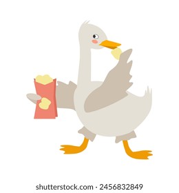 Funny cute goose character eating chips. Vector cartoon illustration for stickers, packaging, books.