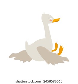 Funny cute goose character is offended, turned away, sitting with his back. Vector cartoon illustration for stickers, packaging, books.