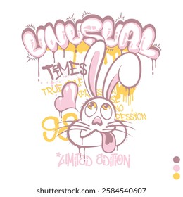 Funny cute graffiti design with funny rabbit illustration