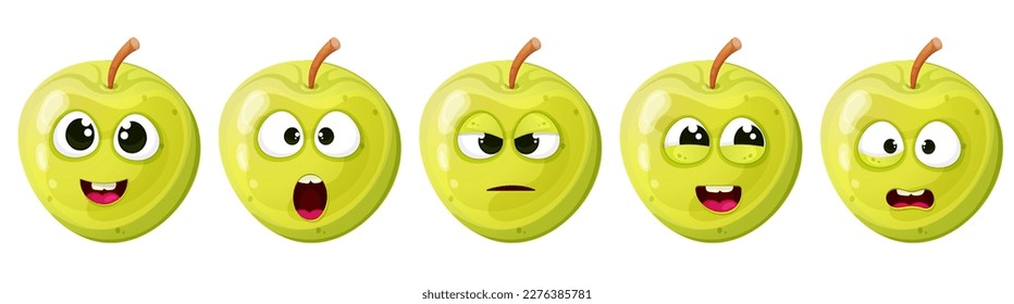 Hübscher, süßer grüner Apfel mit unterschiedlichem Emotionsbild. 