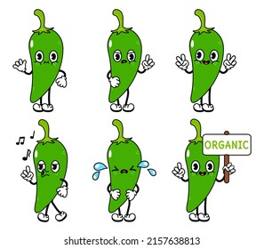 Funny cute green chili pepper characters bundle set. Vector hand drawn doodle style traditional cartoon vintage, retro character illustration icon. Isolated white background. Chili pepper mascot