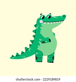 Funny and cute green crocodile. Adorable baby crocodile character  vector illustration. Happy crocodile character standing isolated on white background. Childish colored flat vector illustration
