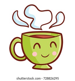 Funny and cute green cup of tea smiling - vector.