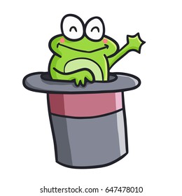 Funny and cute green frog come out from magician hat - vector.