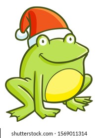 Funny and cute green frog smiling wearing Santa's hat for christmas