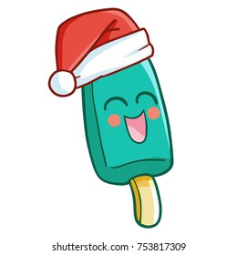 Funny and cute green ice cream wearing Santa's hat and smiling - vector.
