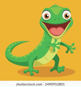 Diseño plano de lagarto verde divertido y lindo. Reptile de dibujos animados con la boca abierta Ilustración vectorial aislada. Camaleón de dibujos animados de Vector. Animal africano. Divertida lagartija verde femenina con la boca abierta.