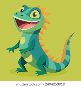 Diseño plano de lagarto verde divertido y lindo. Reptile de dibujos animados con la boca abierta Ilustración vectorial aislada. Camaleón de dibujos animados de Vector. Animal africano. Divertida lagartija verde femenina con la boca abierta.