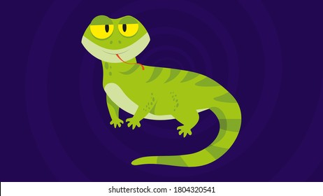 Funny and cute green lizard stuck out it's tongue - flat design. Cartoon reptile isolated vector illustration. Vector cartoon chameleon. African animal. funny lizzard. green lizard.