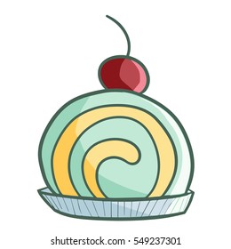 Funny and cute green peach roll cake with cherry on it's top - vector.
