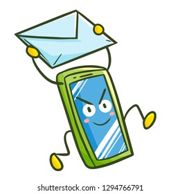 Funny and cute green phone running with mail - vector.