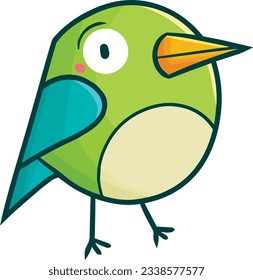 Funny and cute green rounded bird standing cartoon illustration
