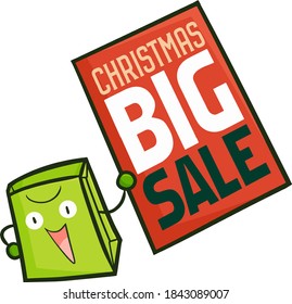 Funny and cute green shopping bag holding Christmas big sale promotion board