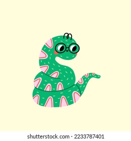 Funny and cute green snake. Adorable baby snake character vector illustration. Happy snake character standing isolated on white background. Childish colored flat vector illustration
