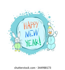 Funny cute greeting card. New year's day. The hare and the snowman. Vector hand drawn illustration.