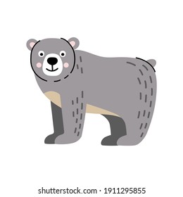 Funny and cute grey bear animal. Arctic and Antarctic polar bear in cartoon style. Flat vector illustration isolated on white background.
